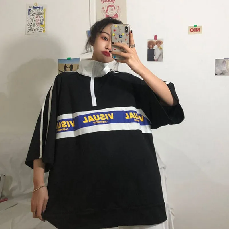 half-sleeve harajuku bf style women tops 2020 new spring t shirt letter printing zipper Turtleneck clothes student polo | Женская одежда