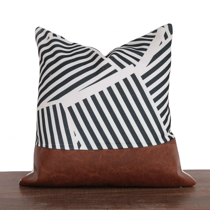 

Home Decoration Pillow Cover Black Stripe Cushion Case 45x45CM Brown Faux Leather Cotton Pillowcase Car Sofa Living Room Bedroom