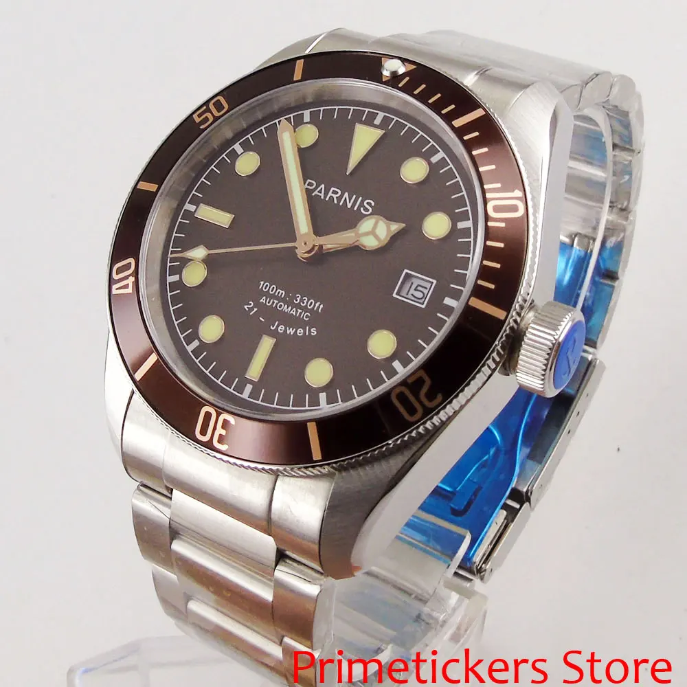 Желтые стрелки 41 мм PARNIS коричневый циферблат светящаяся Дата сапфировое стекло