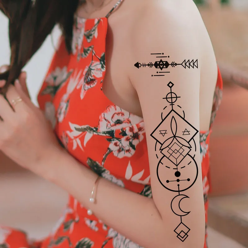 Black Temporary Tattoo Henna Geometry Totem Arrow Triangle Woman Man Jewelry Bracelet Wrist Arm Chest Art Sticker Small | Красота и