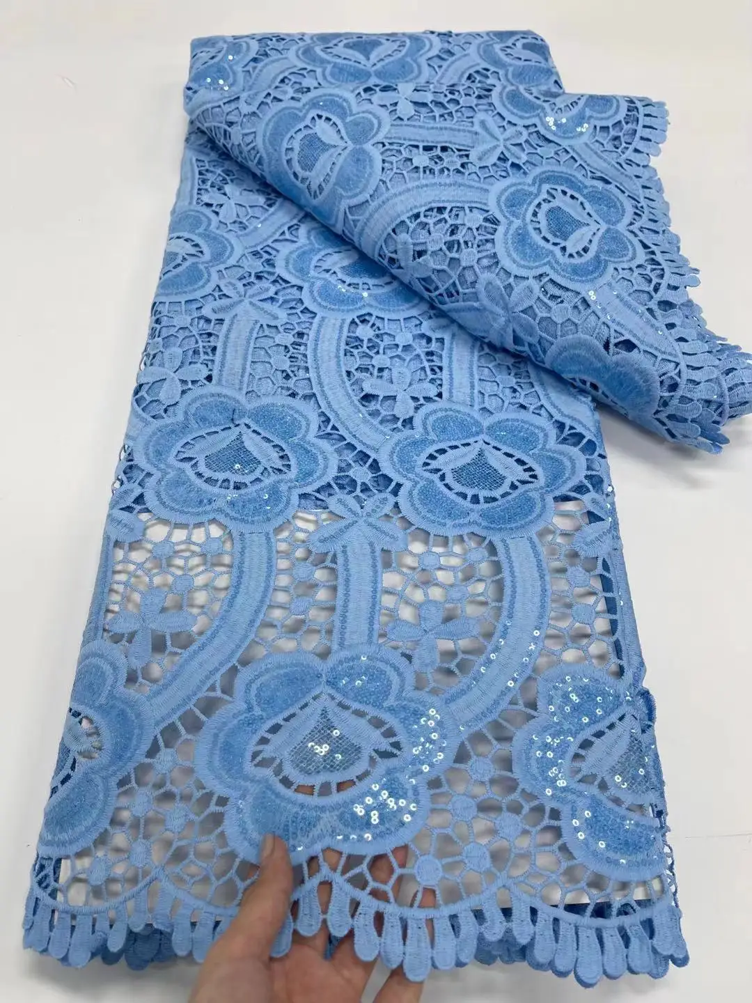 

African Guipure Lace Fabric 2021 High Quality Cord Lace Latest French Mesh Lace Fabric With Sequins For Nigeria Wedding 5 Yards