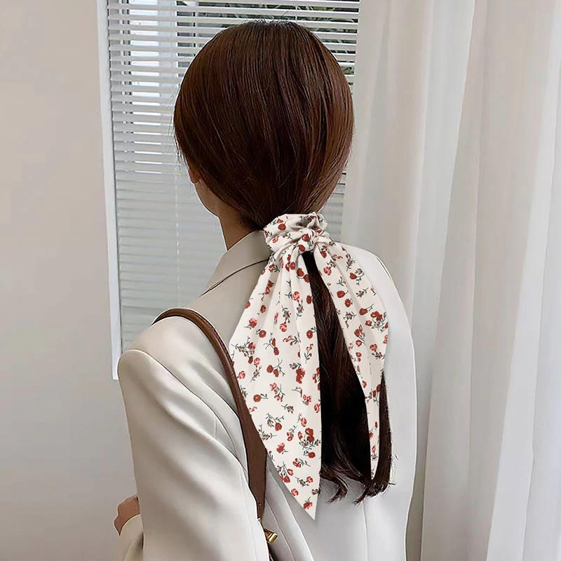 

Floral Print Bow Satin Long Ribbon Ponytail Scarf Hair Scrunchies Triangle Streamers Large Intestine Hair Ring Hair Accessories