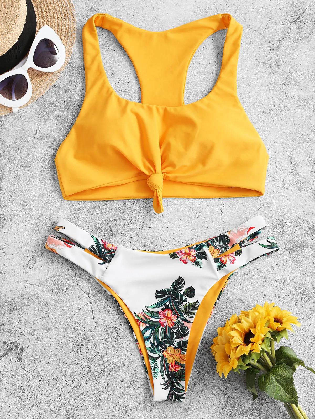 

ZAFUL Plant Print Knot Cutout Racerback Bikini Swimsuit Wire Free Scoop Neck Removable Padded Racer Bikini Two-Piece Sexy