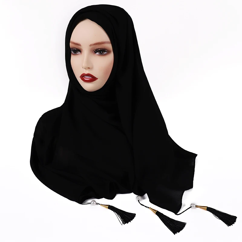 

72X175CM Bubble Chiffon Solider Color Scarf Long Soft Wrap Scarf Shawl Scarves Femme Bufandas Beaded Pearls Hijabs Tassel Scarf