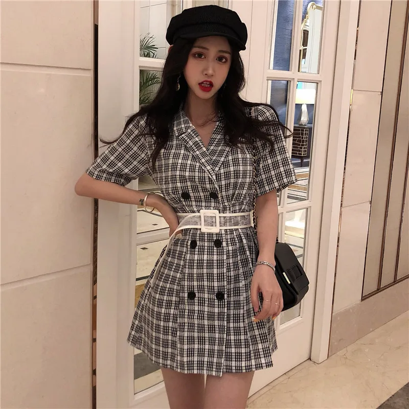 Мини платье женское с коротким рукавом милый приталенный сарафан в стиле