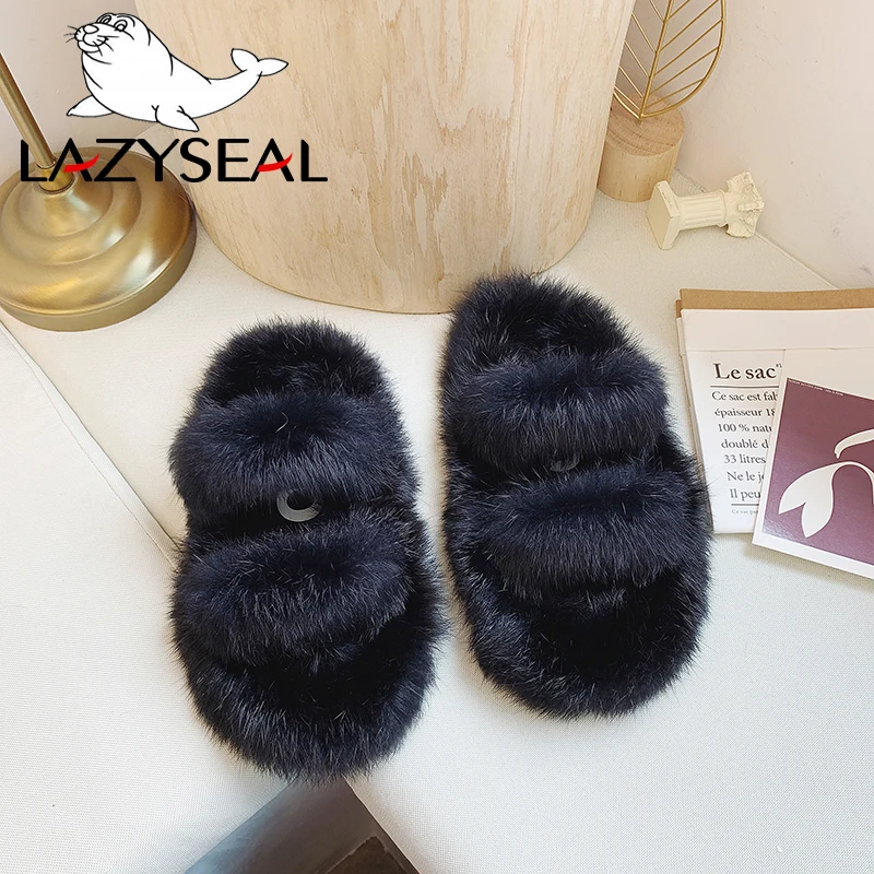 LazySeal/женские тапочки с натуральным мехом новые тапочки их меха под кролика домашние Шлепанцы женские пушистые домашние вьетнамки