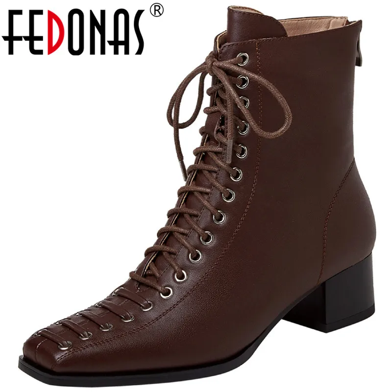 

FEDONAS Nature Full Genuine Leather Ankle Boots For Women 2021 Fall Winter Party Basic Shoes Woman Heels Thick Heels Women Boots