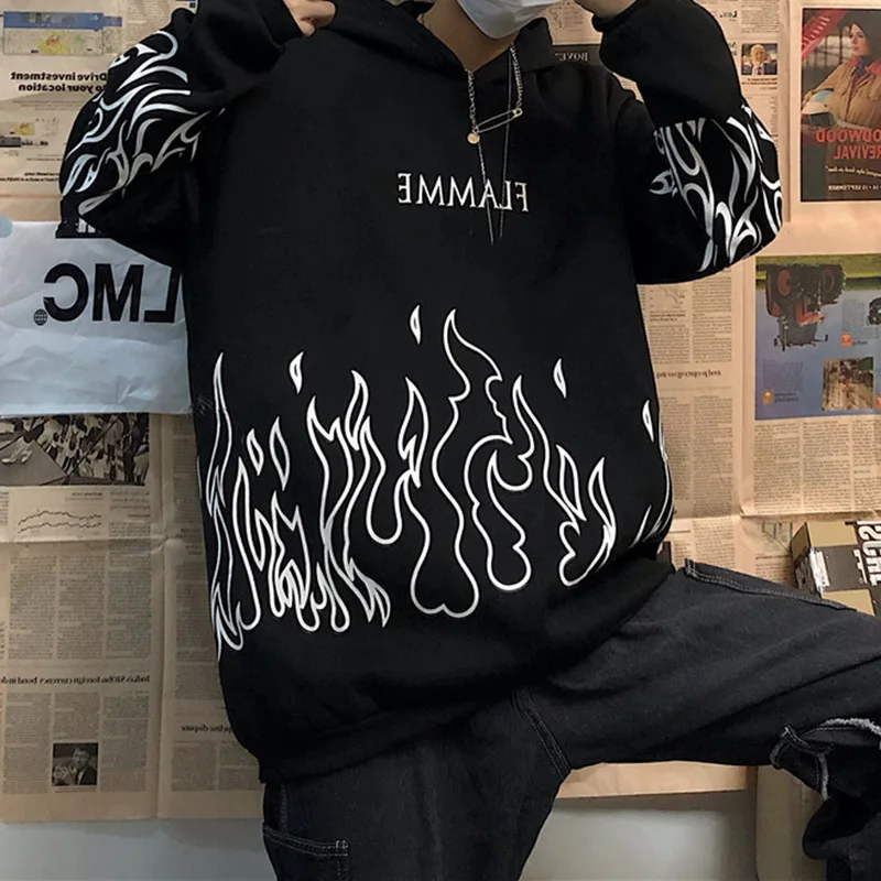 

Streetwear men flame print pullover hoodie oversized Harajuku style hoodie plus size winter sweatshirt Korean streetwear top