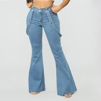 2021 women fashion stretchy strap jeans lady winter denim vintage trousers flare bell bottom streetwear leggings overalls pants