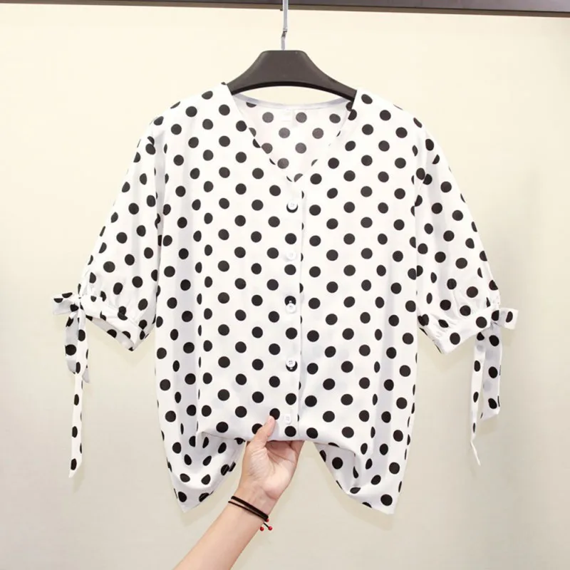 

Autumn Casual Fashion Polka Dot Women Chiffon Blouse Women Shirt Casual Bowknot V Neck Blusas Femininas