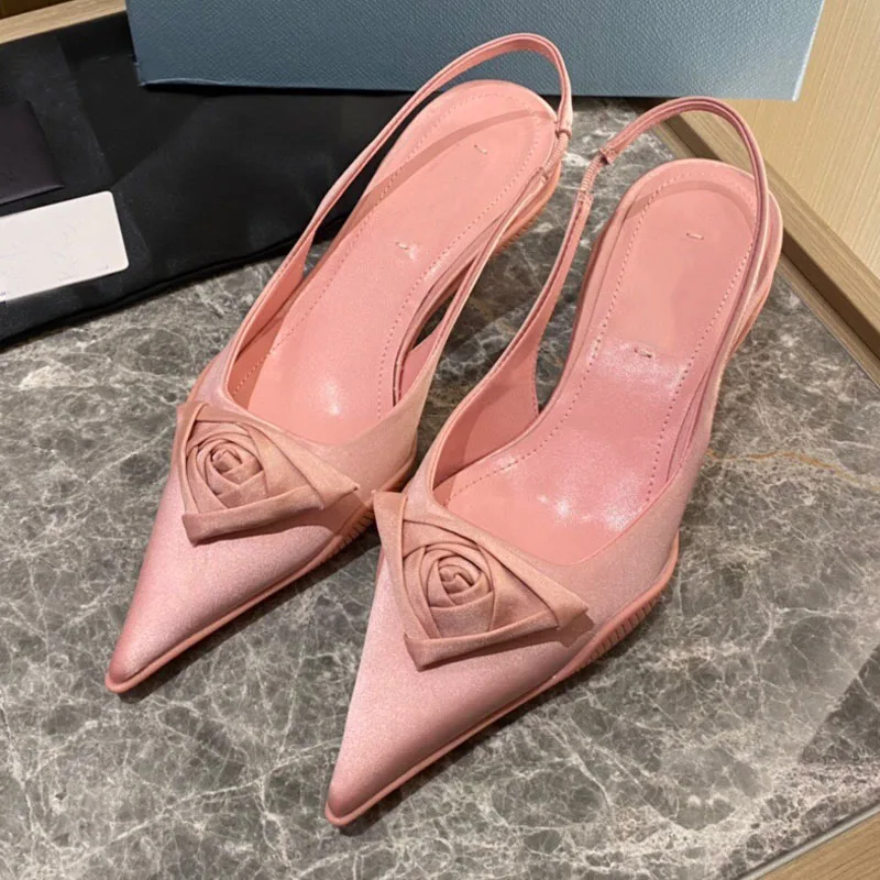 

Pink Rose Flower Luxury Satin Sandals Women Pointed Toe Slingback Strange High Heels Shoes Woman Sexy Party Shoes