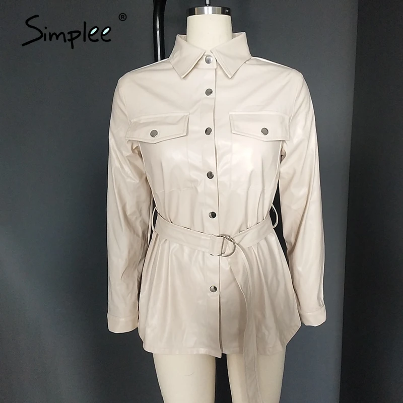 

Vintage PU leather shirts women Causal Turn-down collar blouse shirt with belt Autumn winter chic pocket shirt tops 2020