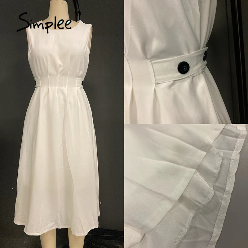 

Chic DefinedWaist Drape Sleeveless Long Dress Women High Street O-Neck Button Dresses Solid A-Line Summer Dress Fashion