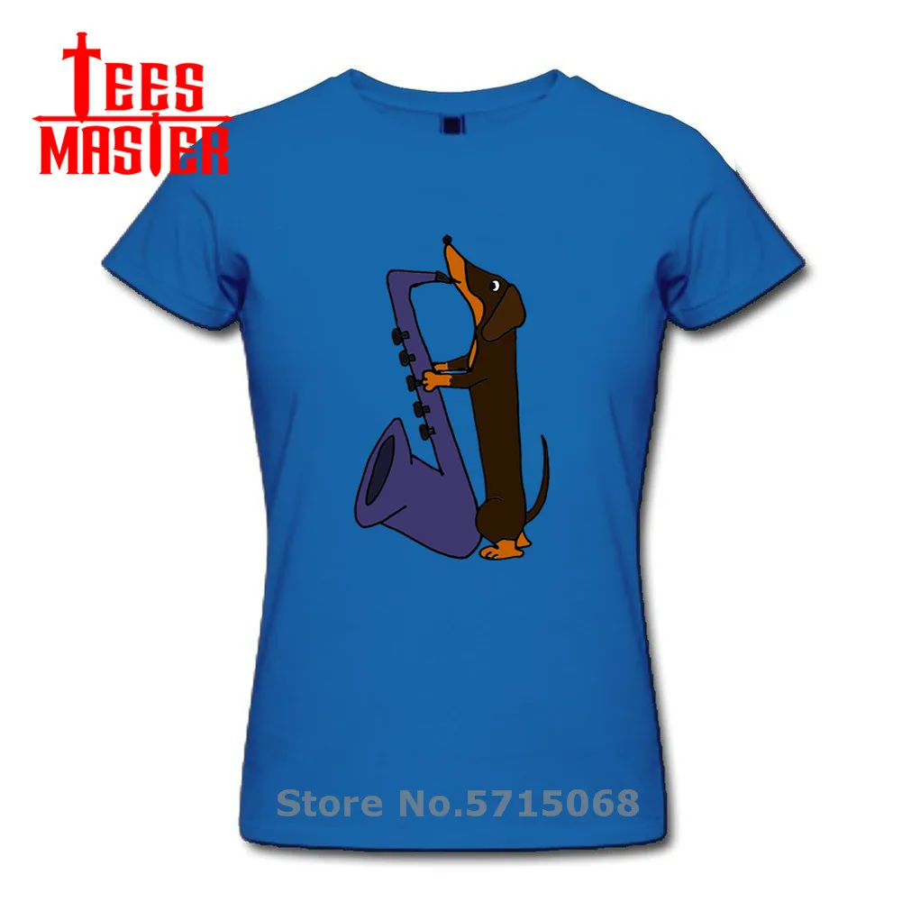 Прикольная Женская такса собака игры Синий саксофоны футболка влюбленных одежда