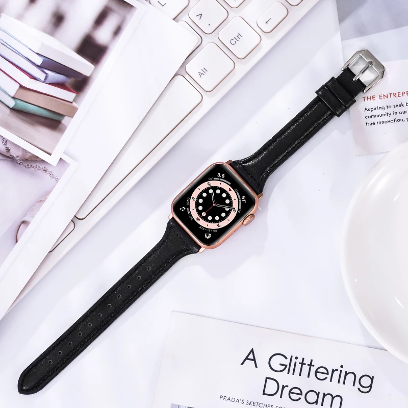 

Ремешок кожаный тонкий для Apple watch, браслет из натуральной кожи для Apple watch Series 7 6 5 4 3 se, 45 41 40 44 38 42 мм 44 мм
