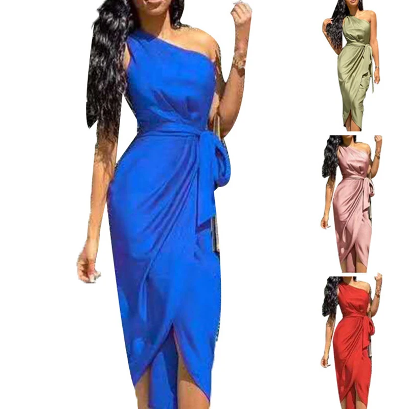 

Vintage Tassel Pure Color One Shoulder Ruched Design Party Dress Bodycon Dress Summer Simple Streetwear Ladies Elegant Bodycon