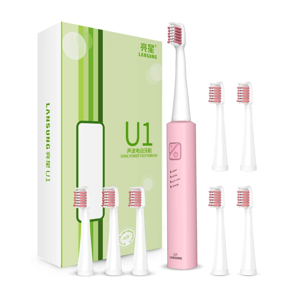 U1 pink 8 head Lansung перезаряжаемый звуковой электрическая ультразвуковая зубная щетка Водонепроницаемая зарядка через usb зубная щетка многоцветная 8 щеток - Цвет: U1 pink 8 head