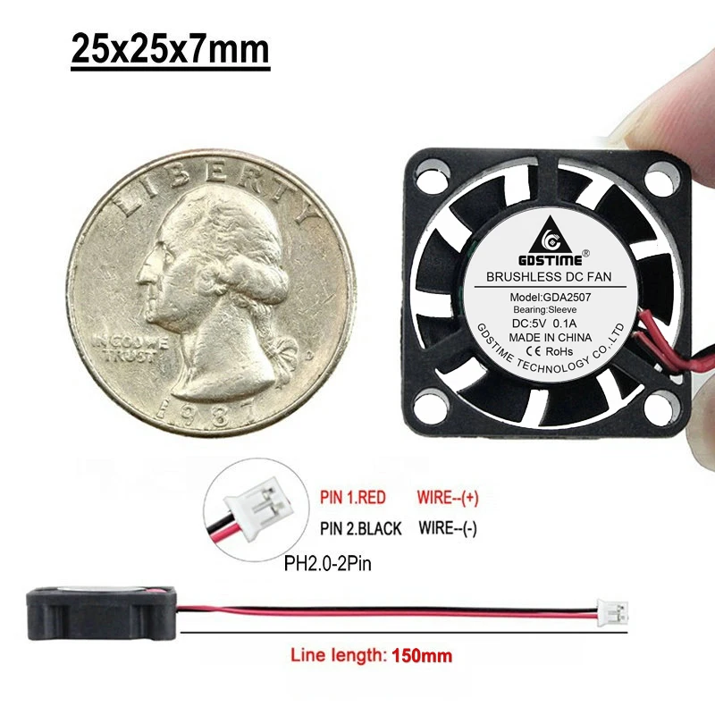 5 шт. Gdstime 25 мм 2 см 25x7 2507 DC 5V 2Pin PH2.0 маленький осевой охлаждающий вентилятор |