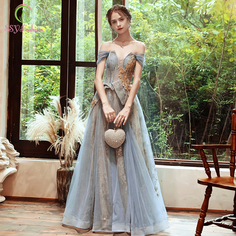 Женское длинное вечернее платье SSYFashion элегантное серое/синее кружевное для