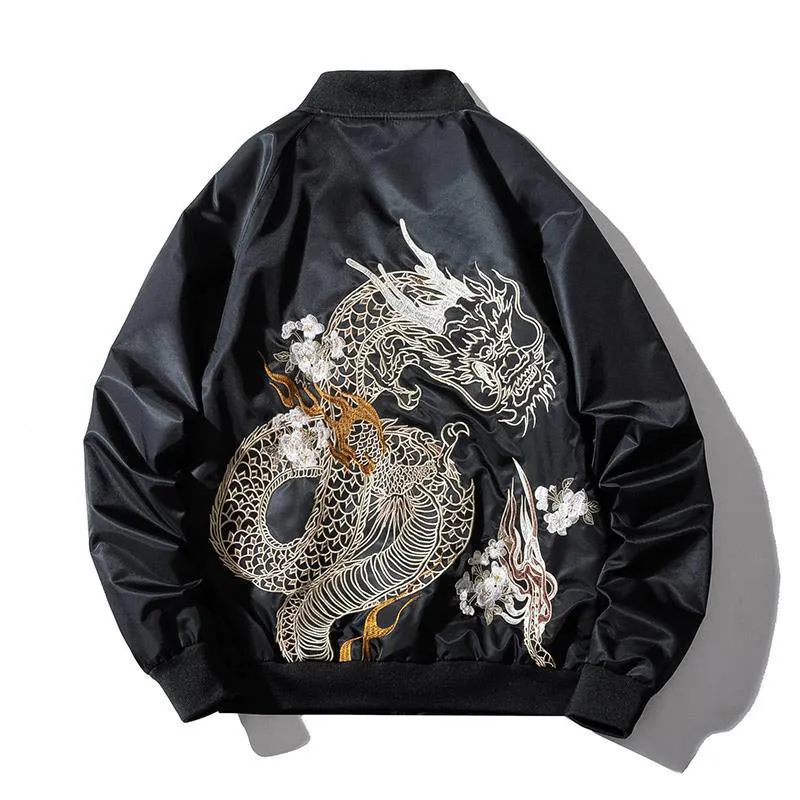 

KIOVNO Men Hip Hop Fashion Baseball Jackets Dragon Embroidered Spring Bomber Outwear Tops For Male