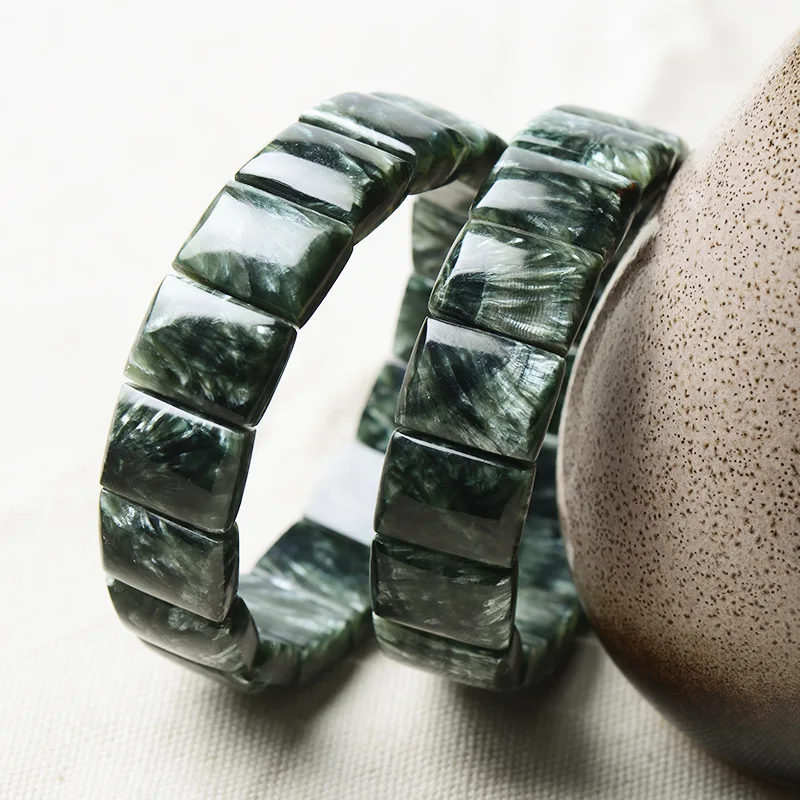 Natural Green Seraphinite Gemstone Bracelet Rectangle Stretch Fashion Jewelry 14x10mm Green Seraphinite Bangle AAAAA