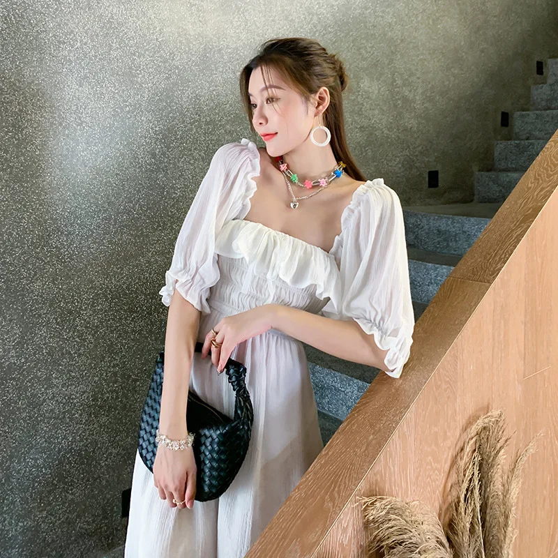 

#4039 White Beach Dress Women Square Collar Ruffles A-line Midi Dress Short Sleeves Bohemian Dress Backless Stretch High Waisted