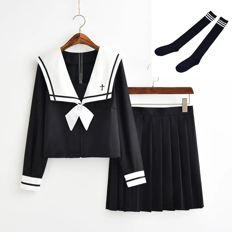 Long Set With Socks UPHYD/Новое поступление; костюм моряка для косплея; JK; школьная форма для девочек; белая рубашка с воротником и черная юбка; костюмы для студентов - Цвет: Long Set With Socks