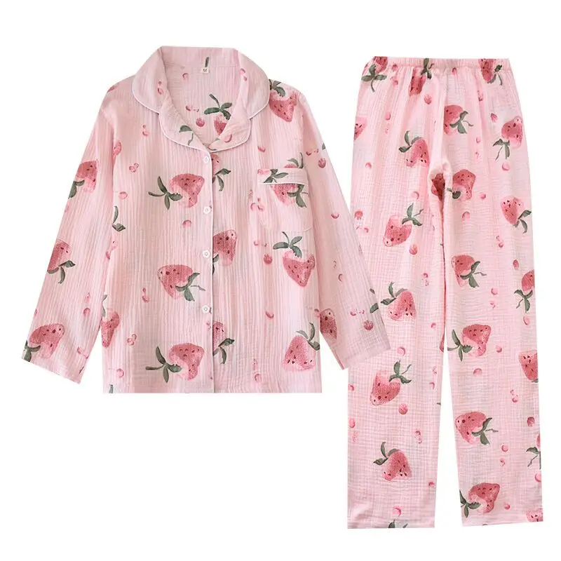 

New 100% Cotton Crepe Long Sleeved Trousers Thin Pajamas Strawberry Print pijama mujer Women Spring Autumn Sleepwear Nightwear