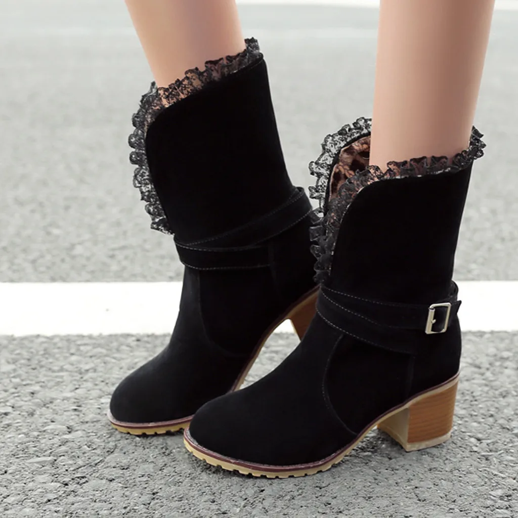 Женские ботинки на шнуровке модные до середины голени из флока высоком