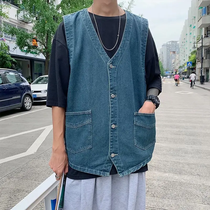 

Autumn Streetwear Men's Collarless Waistcoat Button-Down Denim Vest Sleeveless Jean Jackets Plus Size 3XL Men Clothing XXXL