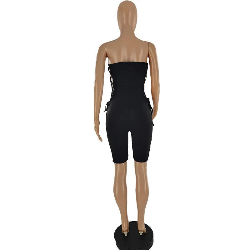 

Reaqka Women Solid Sleeveless Strapless Lace Up Hollow Out Playsuits Elastic Sexy Night High Street Summer Jumpsuits for Women