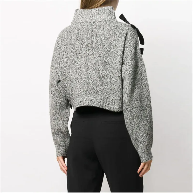 DEAT new autumn and winter fashion women clothes turtleneck lantern sleeves bow embroidery pullover short knits top WJ88202