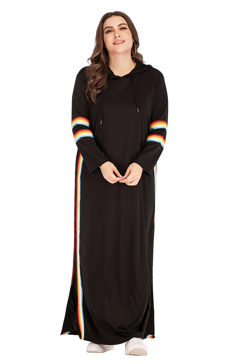 

Turkey Hooded Tracksuit Maxi Dress Women Muslim Arab striped Jogging Sports Long Dress Walk Wear Musulman Islamic Clothing 4XL