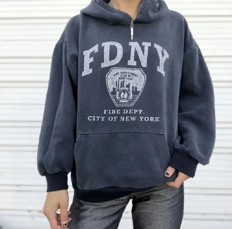 

New Korean Fashion Vintage Brand Gray Pattern Letter Printing Hoodie Sweatshirt Women Oversized Casual Girls Winter Tops Clothes