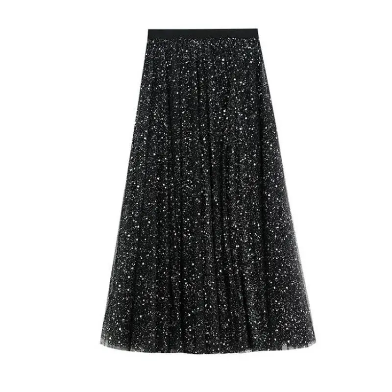 

2021 Spring New Mesh Skirt Elastic High Waist Thin Simple Fresh Sweet Casual All-match Women A-line Long Skirt Free Shipping