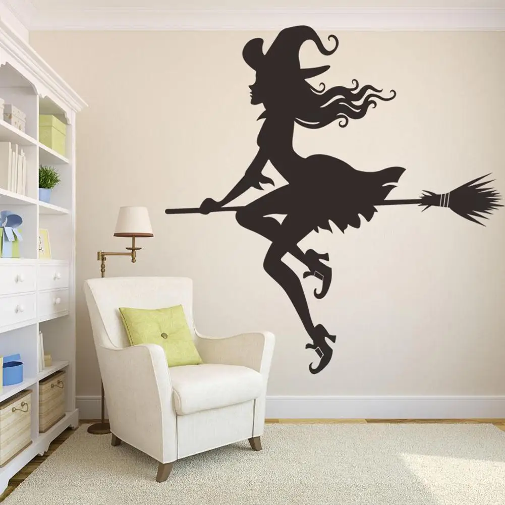 Наклейка на стену Хэллоуин летучая мышь метла ведьмы украшения стен ПВХ 60x60 см