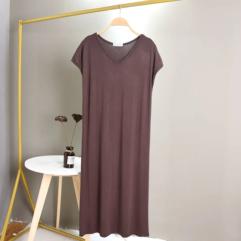 

Summer Nightgowns Women New Modal V-Neck Dress Korean Loose Short-Sleeved Long Nightshirt Soft Homewear Nightdress 8 Colors