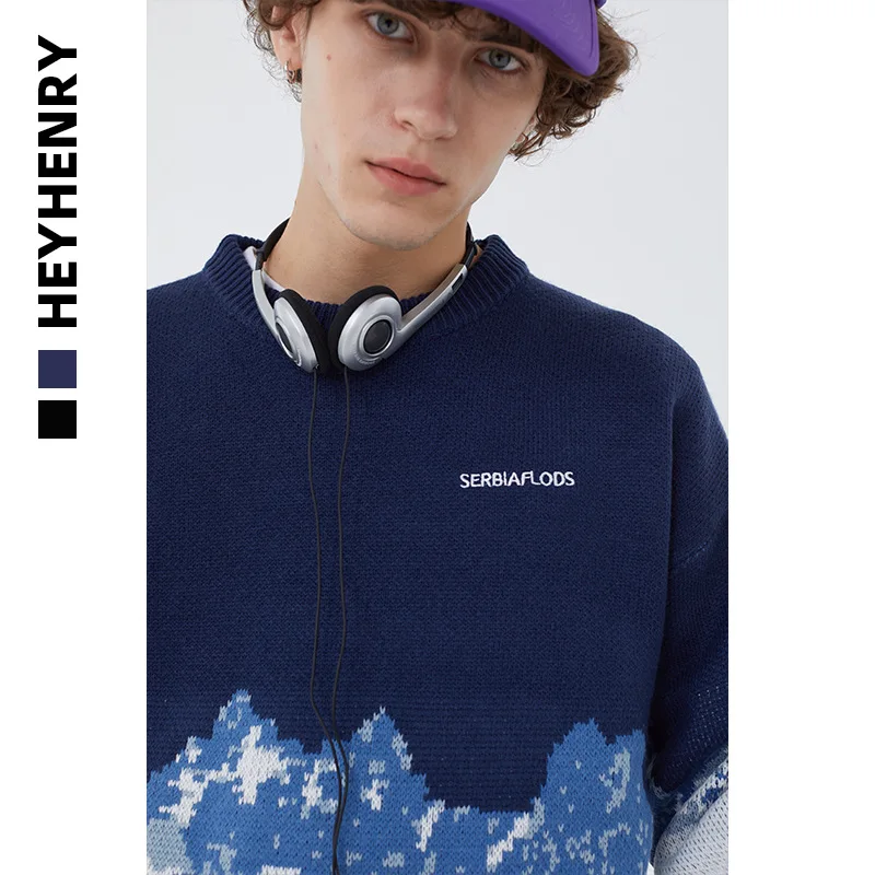 

2020 Men Hip Hop Streetwear Knitted Sweater Embroidery Retro Vintage Snow Sweater Cotton Harajuku Casual Pullover Sweater Black
