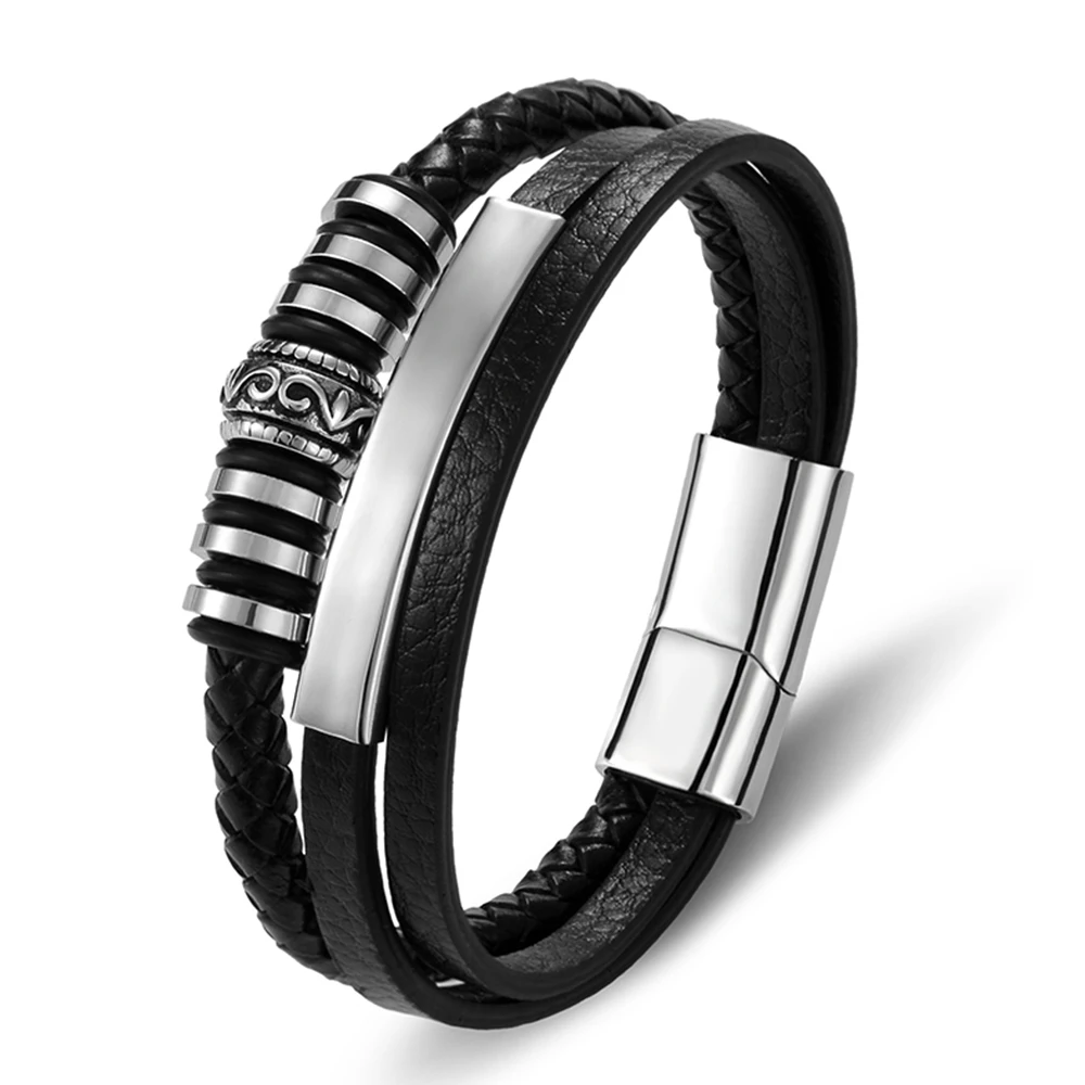 

Fashion Charm Multilayer Luxury Braided Punk Genuine Leather Bracelets For Men Magnet Stainless Steel Jewelry Rope Wristband