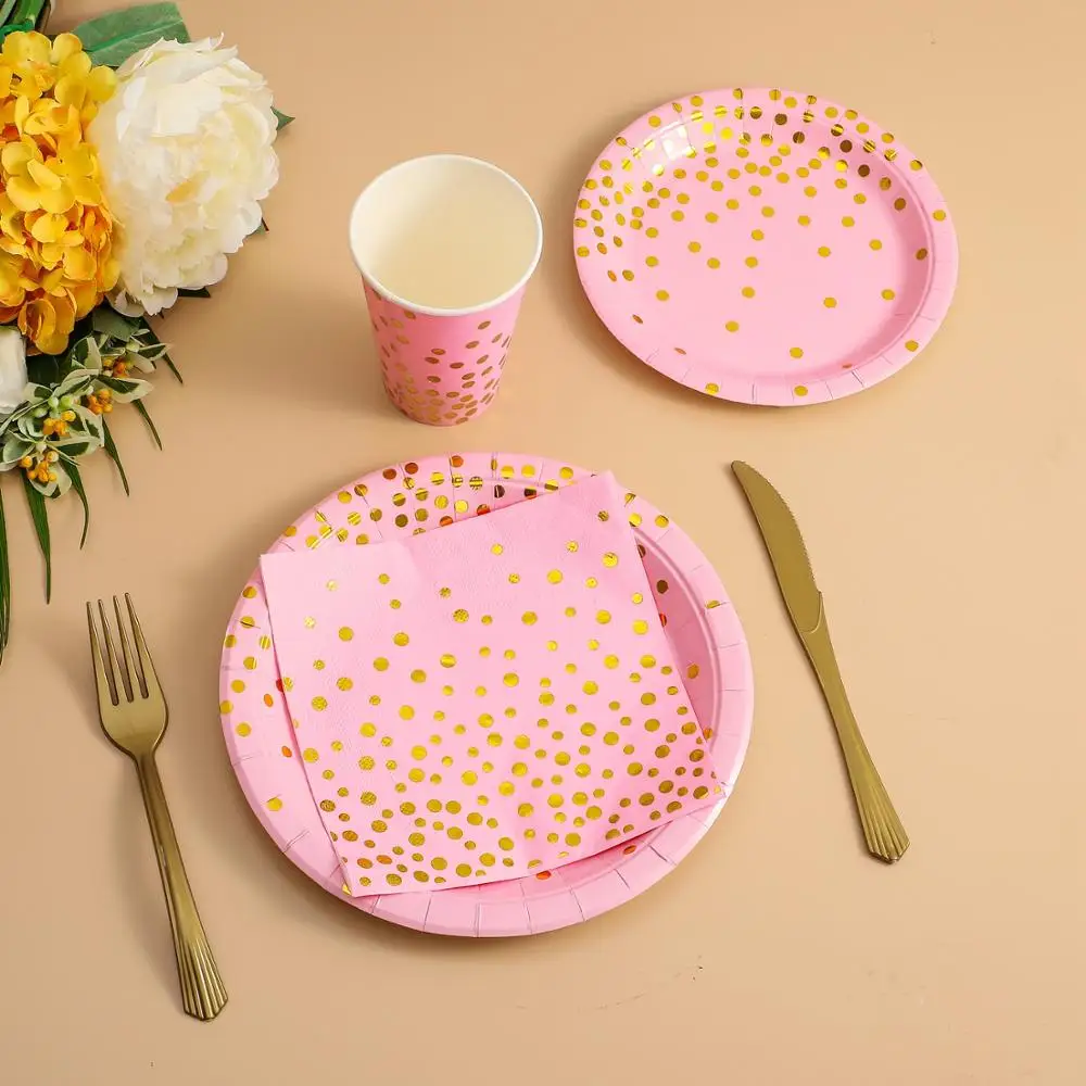 Розовые и золотые праздничные одноразовые тарелки набор одноразовой посуды с