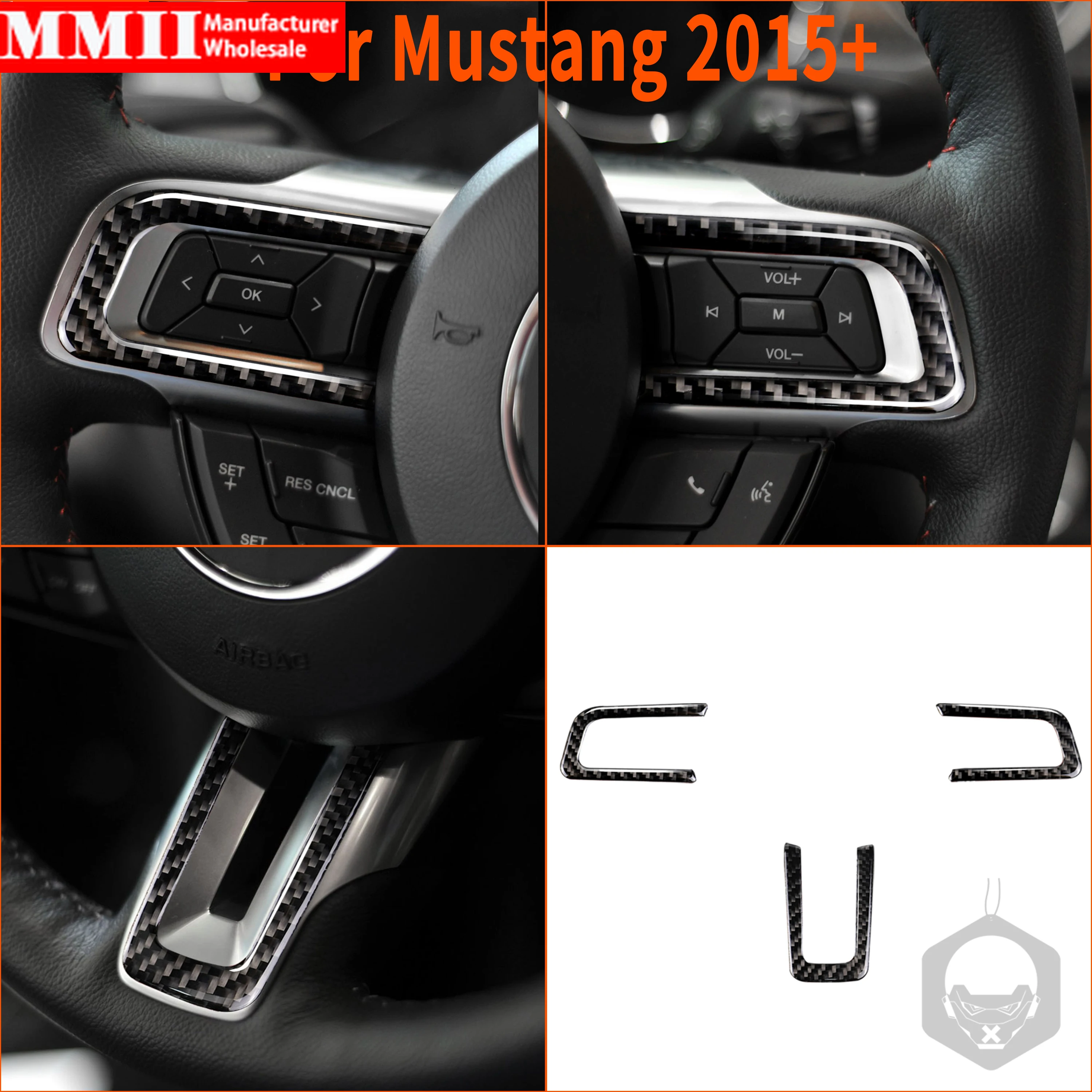 For Ford Mustang GT 2015-2022 Carbon Fiber Car Steering Wheel Button Frame Decoration Cover Stickers Car Styling Accessories
