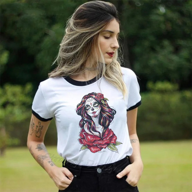 

Summer Skull Flowers Aesthetic Art T Shirt Women Tshirt Punk Rock Clothes Knight Printed T-shirt Fitness Womens Clothing 2019
