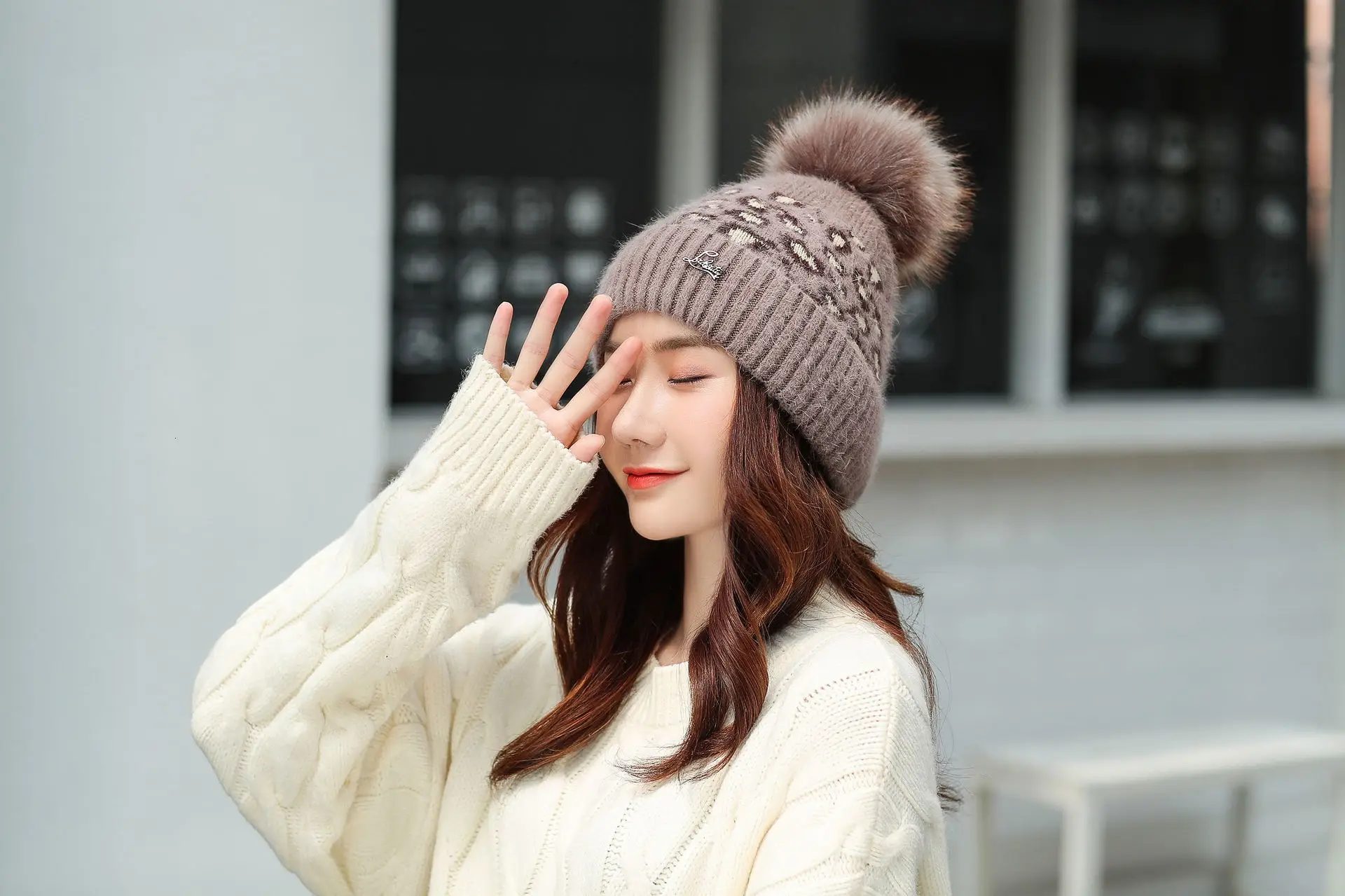 Women Beanies Pom Poms Rabbit Hat Beanie Knitted Skullies Fashion Caps Ladies Knit Cap Winter Hats For Women