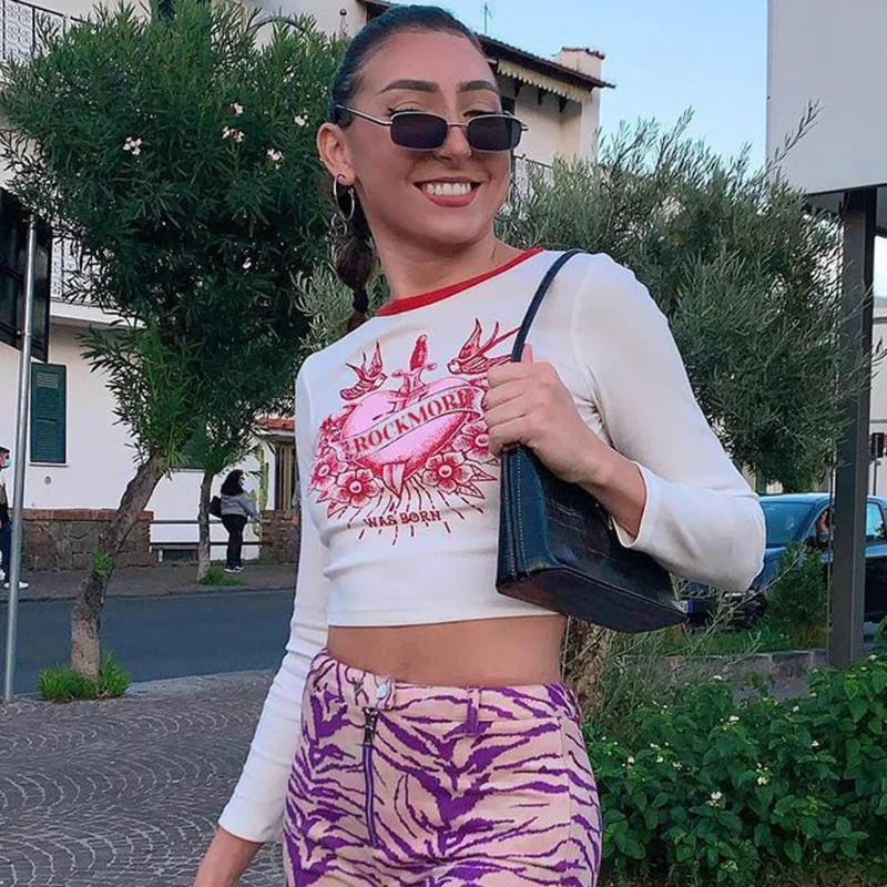 

ZOVSV Print Casual Cotton Tshirt Women Autumn Long Sleeve Basic White Crop Top T Shirt Ladies Fashion Skinny Tee Shirt Top