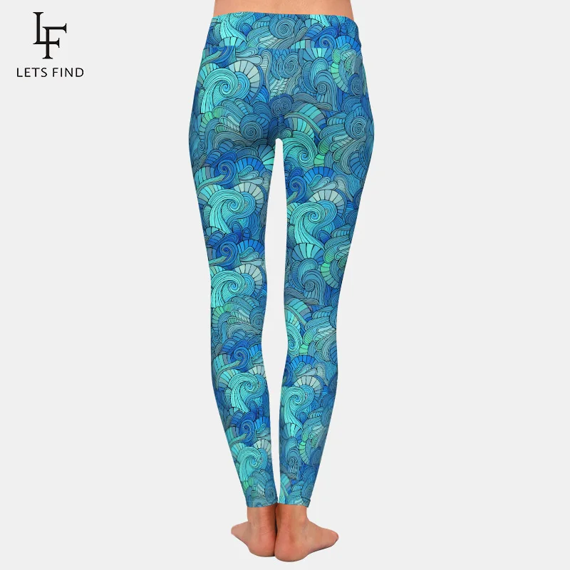 

LETSFIND Super Soft Milk Silk Print Waves Style Women Plus Size Fitness Leggings High Waist Ccomfortable Elastic Women Full Pant