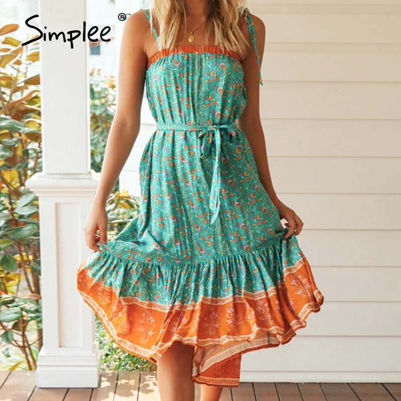 Simplee Boho Летнее платье с цветочным принтом без рукавов рюшами поясом Ретро стиль