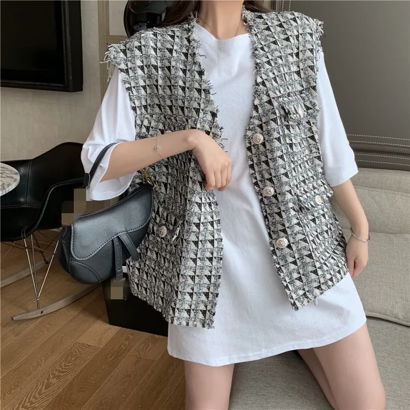 Женский жилет с узором ромбиками однобортный Тонкий твидовый Свободный без