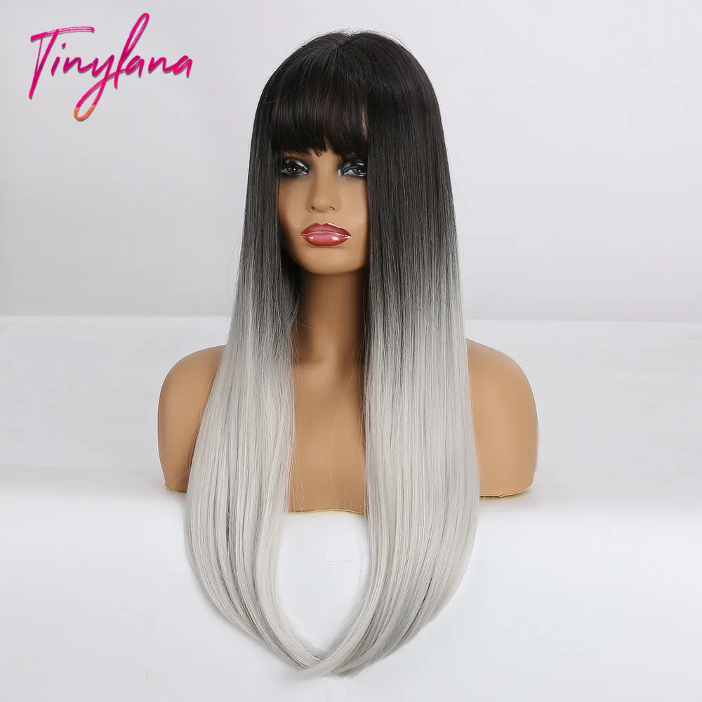 Крошечный Лана длинные Красочные прямые синтетические парики Черный Омбре