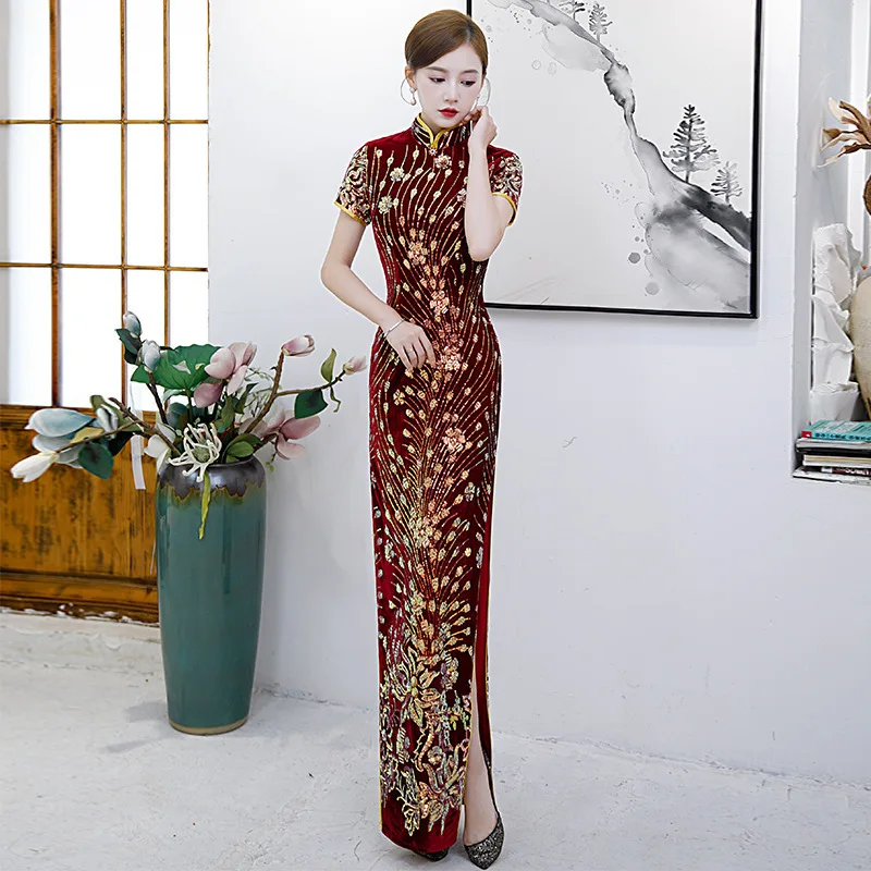 

Chinese Style Catwalk Cheongsam Traditional Velvet Sequins Lady Clothing Elegant Split Dress Female Improved Bodycon Retro Qipao