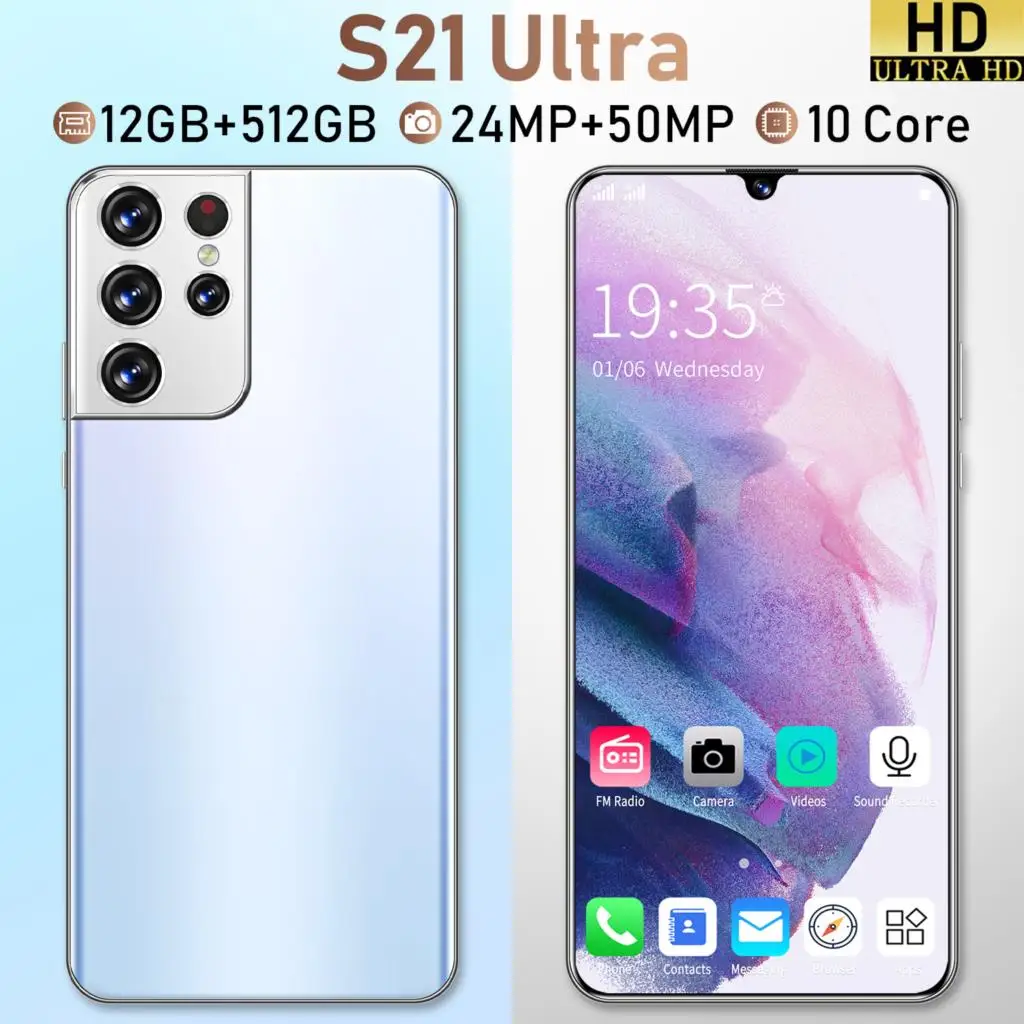 

Smartphone Android New Galxy S21 Ultra 6.6 Inch Drop Screen 128/256GB Double SIM Smart Phone 10 Core Fingerprint ID Cellphones
